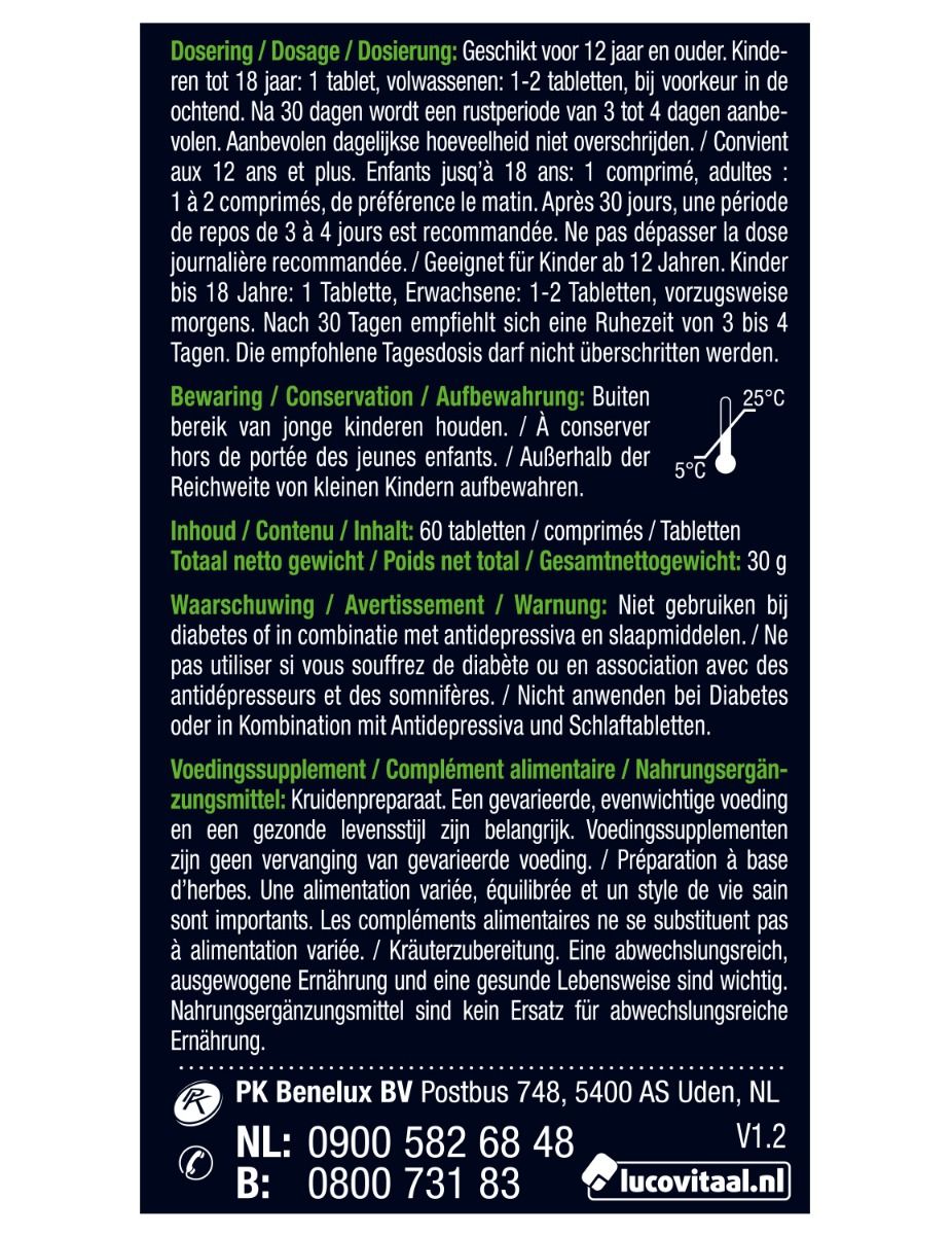 Texte sur fond bleu. Texte : dosage, conservation, avertissements, informations nutritionnelles. Logo "LUCOVITAAL".