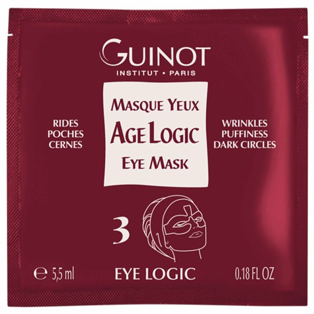 Masque pour les yeux Guinot Age Logic. Sachet rouge. Inscription: Eye Mask, Age Logic, 3, illustration yeux.