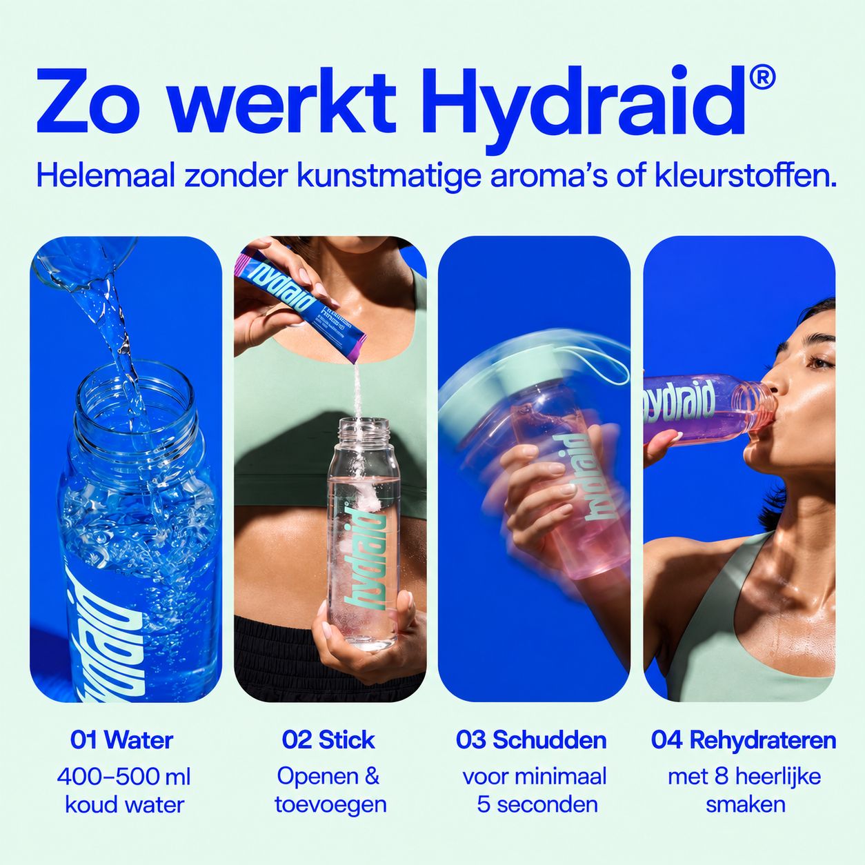 Stap-voor-stap instructies: Hydraid in water oplossen en schudden.