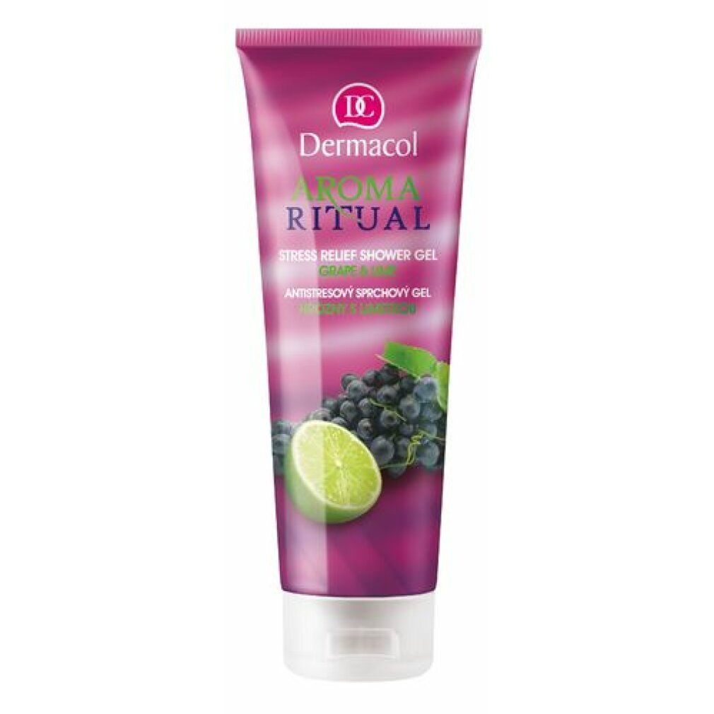 Tube violet avec "Dermacol Aroma Ritual" et illustration de raisins et citron vert. Texte: "Stress Relief Shower Gel".