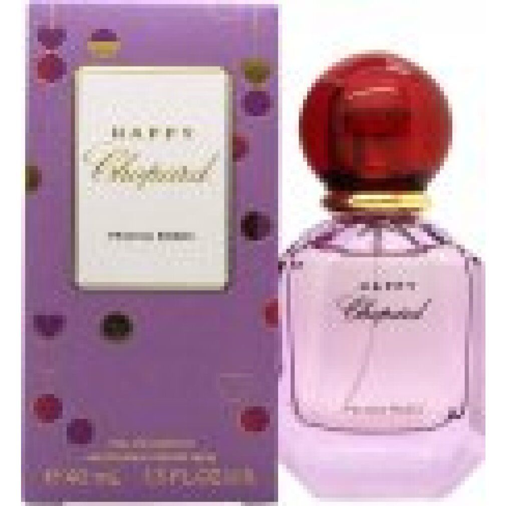 Flacon rose avec bouchon rouge et emballage lilas. Inscription Happy Chopard Felicia Roses. 40 ml, 1.3 FL.OZ.U.S.