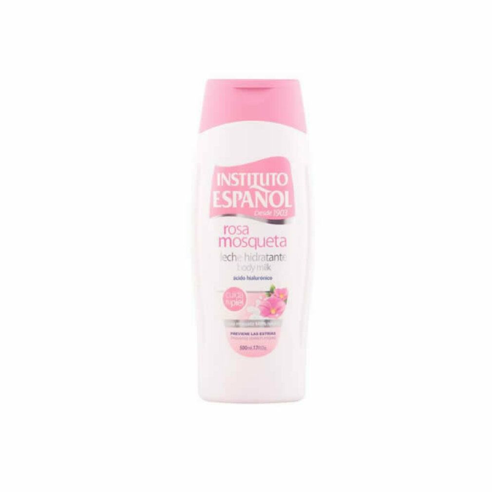Flacon blanc avec bouchon rose, Lait hydratant Rosa Mosqueta Instituto Español.