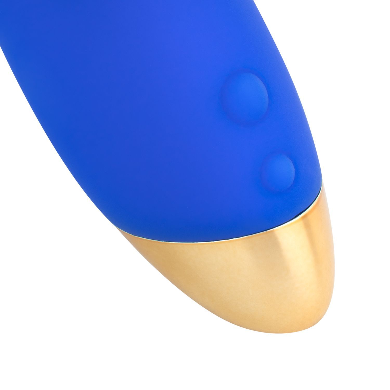 Close-up van het gouden uiteinde van een blauwe vibrator. Twee knoppen zijn zichtbaar op het blauwe oppervlak.