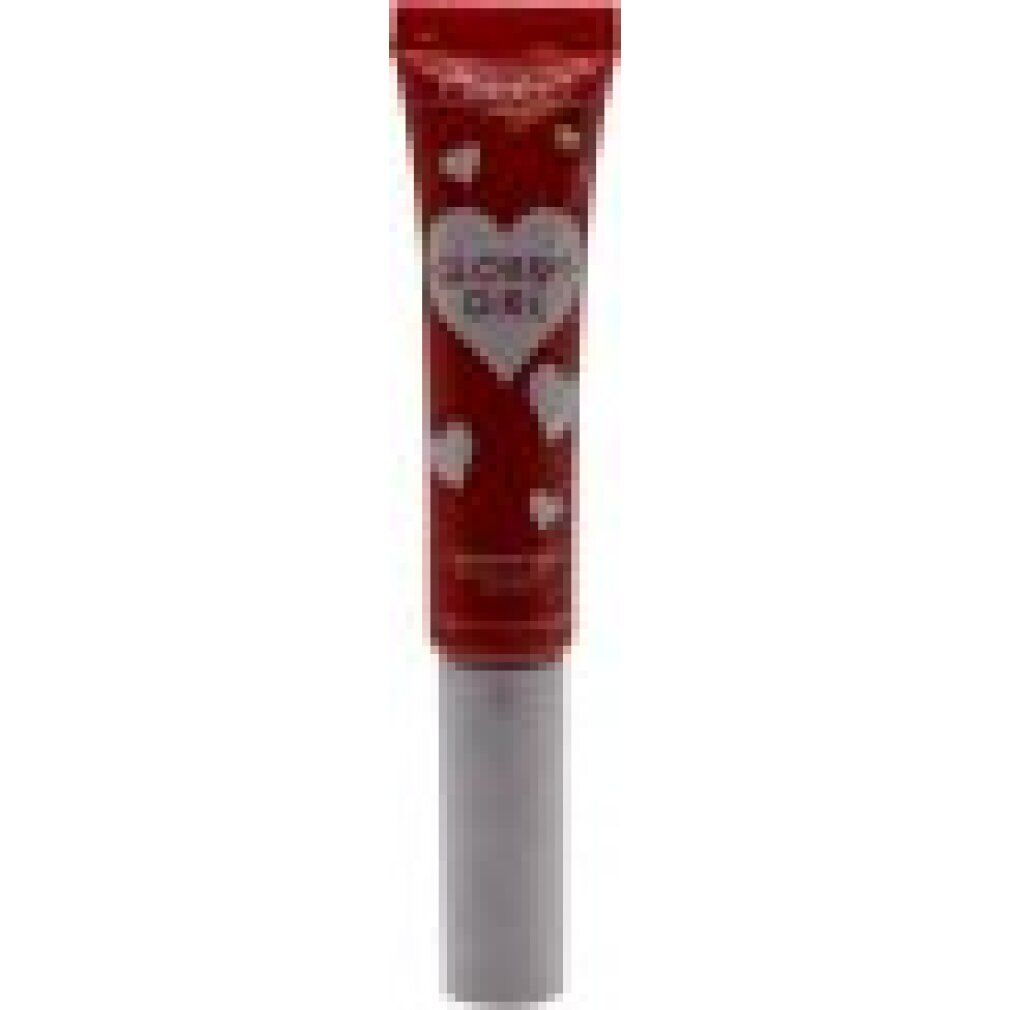 Rode tube met witte applicator. Opschrift "Glossy Girl" met hartjes. Product voor de lippen.
