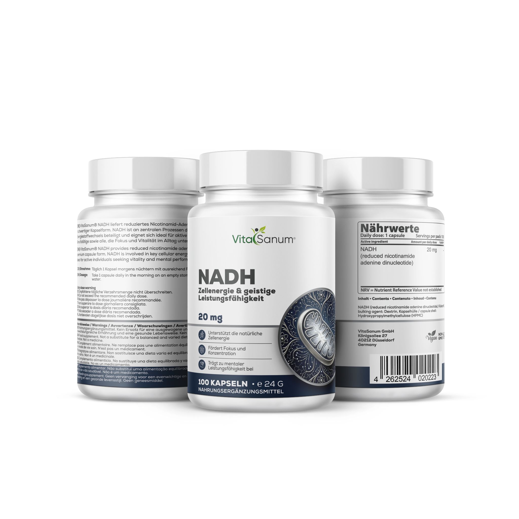 Trois boîtes de capsules VitaSanum® NADH, 100 capsules par boîte. Énergie cellulaire & performance mentale.
