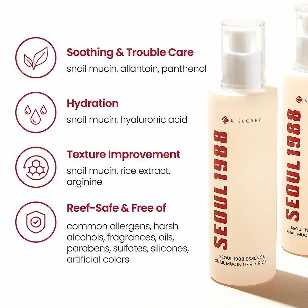 Twee flessen met witte pomp. Rode tekst: SEOUL 1988. Tekst: K-SECRET, SEOUL 1988 ESSENCE, SNAIL MUCIN 97% + RICE. Diagrammen.