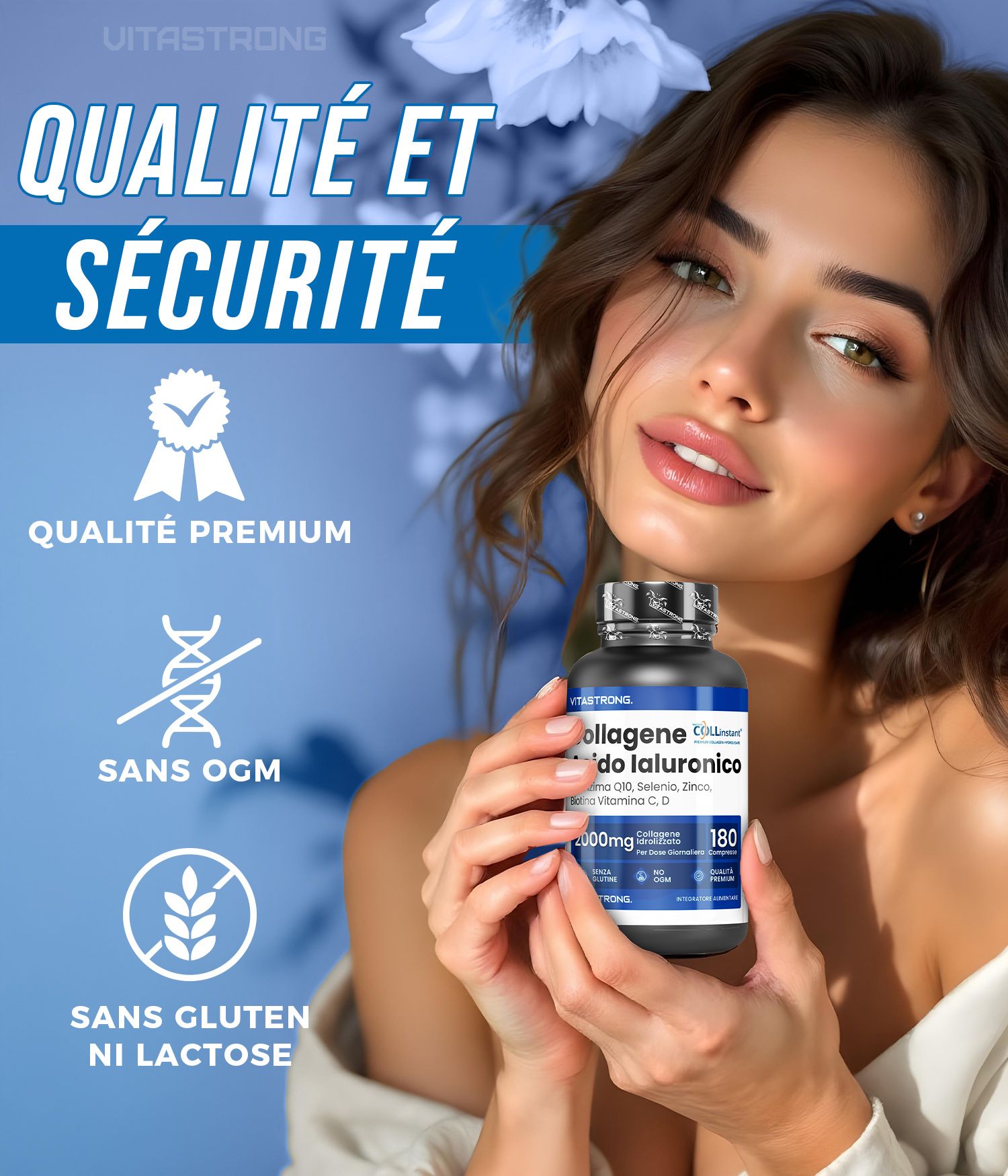 Vitastrong Kollagen + Hyaluronsäure. 180 comprimés. Femme tenant une bouteille. Qualité premium, sans gluten et sans OGM.