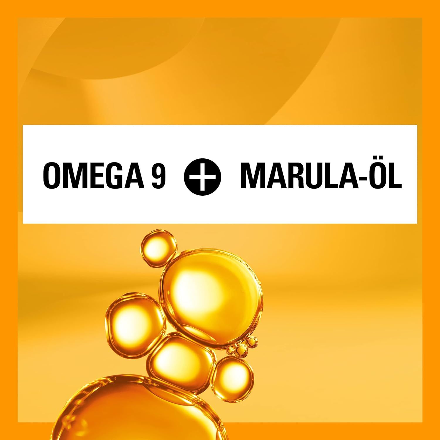 Texte sur fond jaune : Oméga 9 + huile de Marula. Illustration de gouttes d'huile.