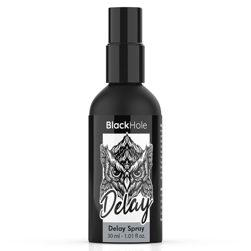 Flacon noir avec vaporisateur. Étiquette avec motif de hibou et texte "Delay". Nom du produit "Black Hole".