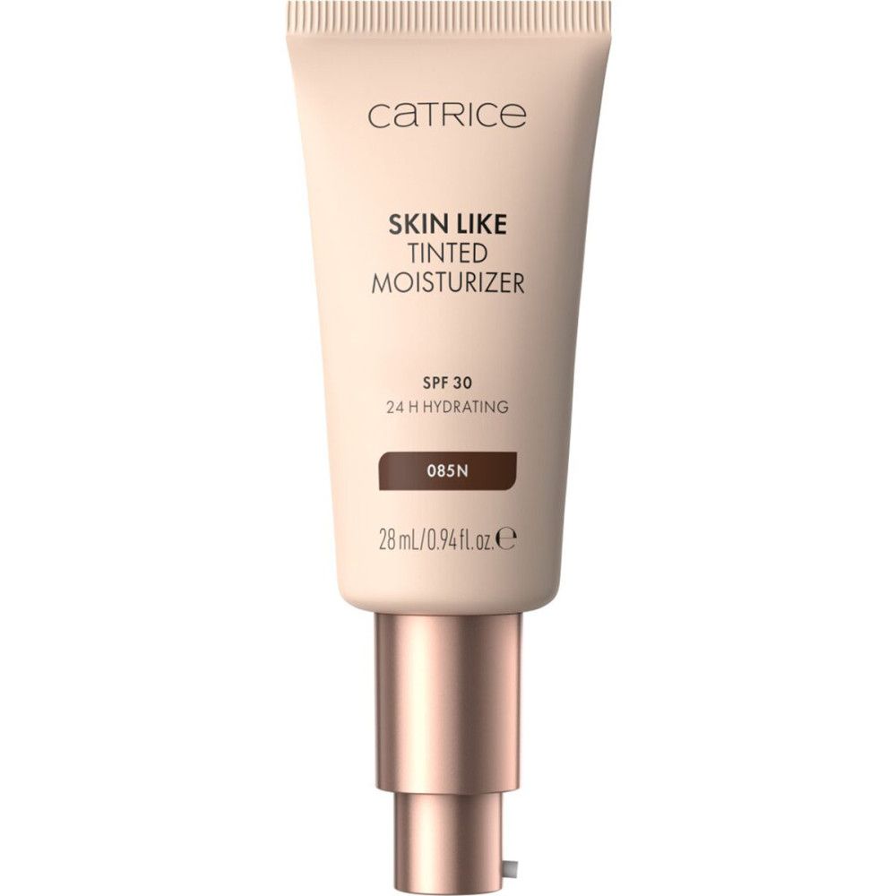 Beige tube met tekst "CATRICE SKIN LIKE TINTED MOISTURIZER". Bevat SPF 30. Tint 085N. Volume 28 ml.