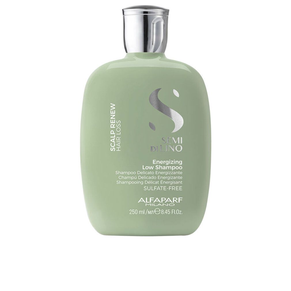 Bouteille vert pâle avec bouchon argenté. Contient le shampooing Alfaparf Milano Semi di Lino Energizing Low.