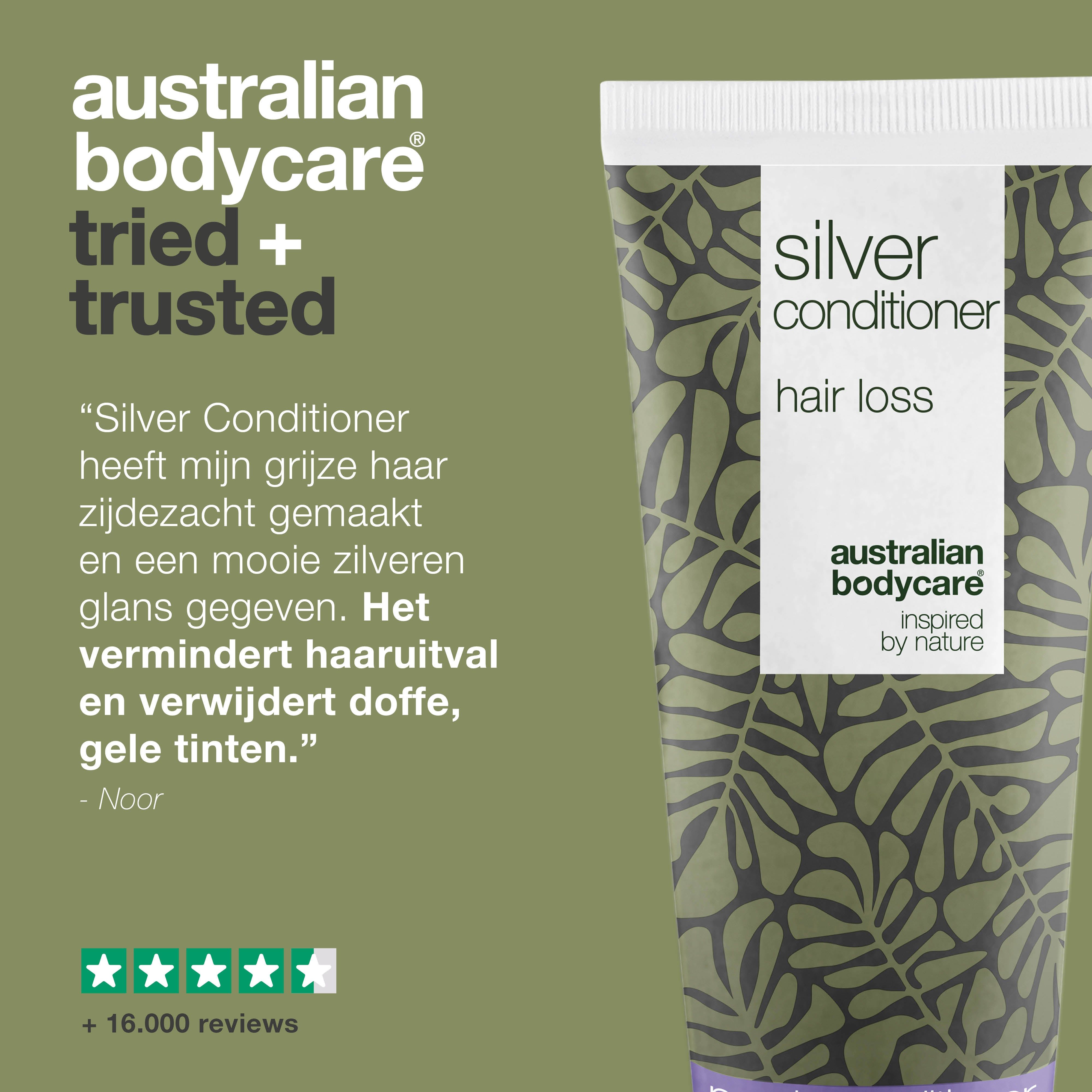 Tube conditioner. Tekst: Silver Conditioner, haaruitval. Merk: Australian Bodycare. Tekst: Tried + trusted.