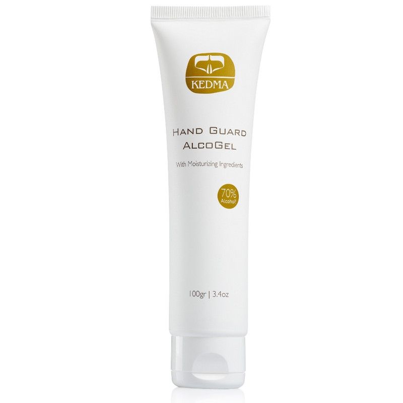Tube blanche avec logo KEDMA et texte HAND GUARD ALCO GEL. Contient 70% d'alcool. En bas, 100gr | 3.4oz.