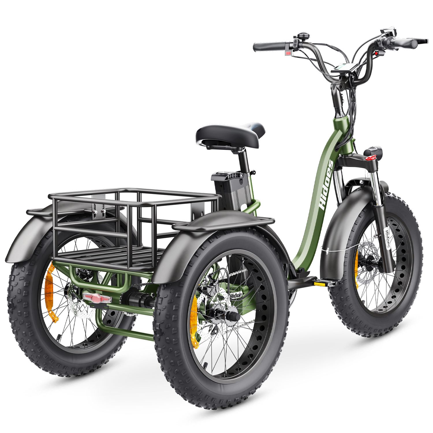 Tricycle électrique vert avec panier noir, pneus et siège. Marque : Hidoes. Batterie amovible.