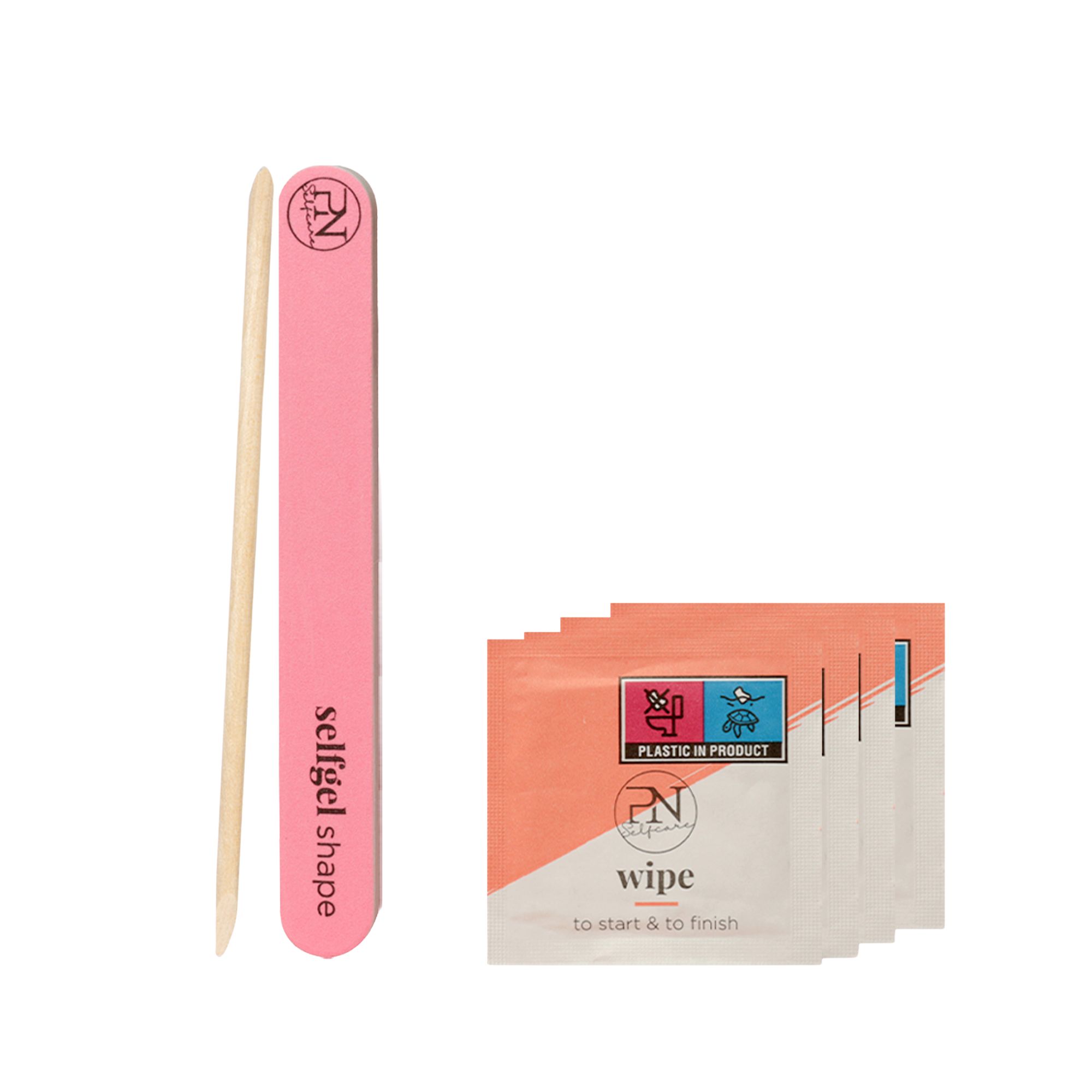 Lime à ongles, bâtonnet de bois de rose et lingettes nettoyantes. Lime rose avec texte, trois lingettes imprimées.