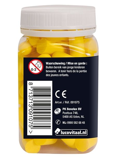 Achterkant van pot met gele oordopjes. Waarschuwing, CE-markering en contactgegevens.