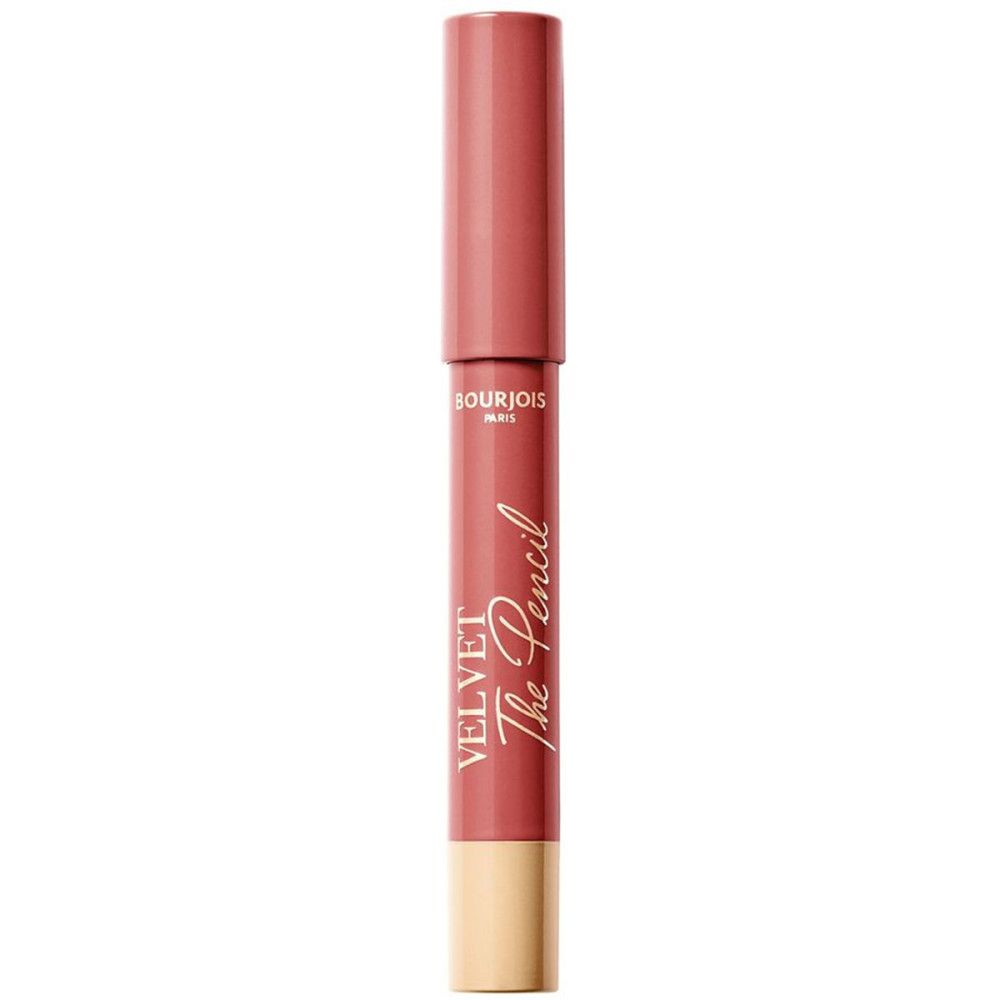 Roze-bruine potlood met gouden punt en dop. Opschrift: VELVET The Pencil, Bourjois Paris.