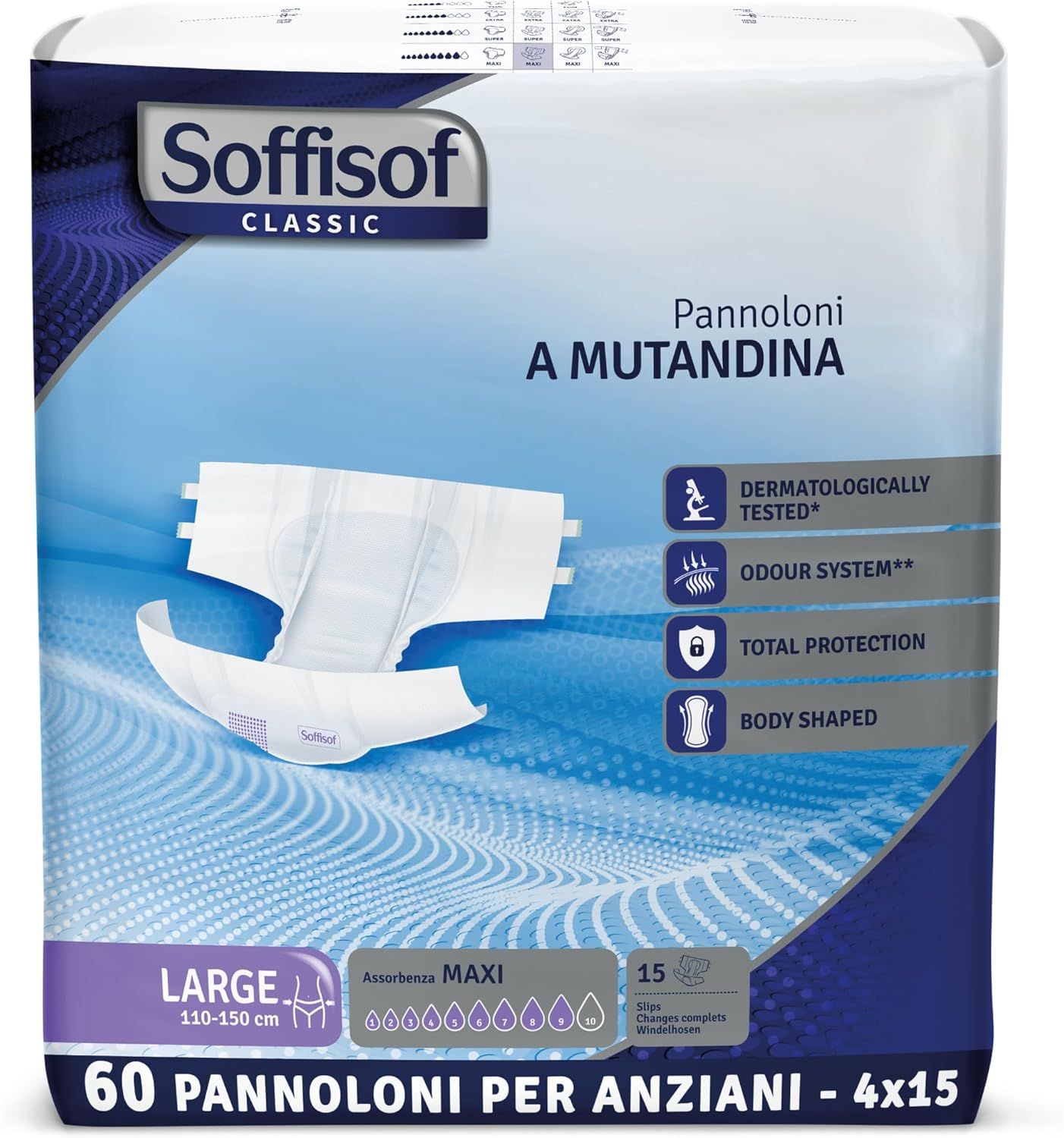 Couches Soffisof Classic Maxi pour adultes, taille L. Paquet de 60. Testé dermatologiquement, système anti-odeurs.