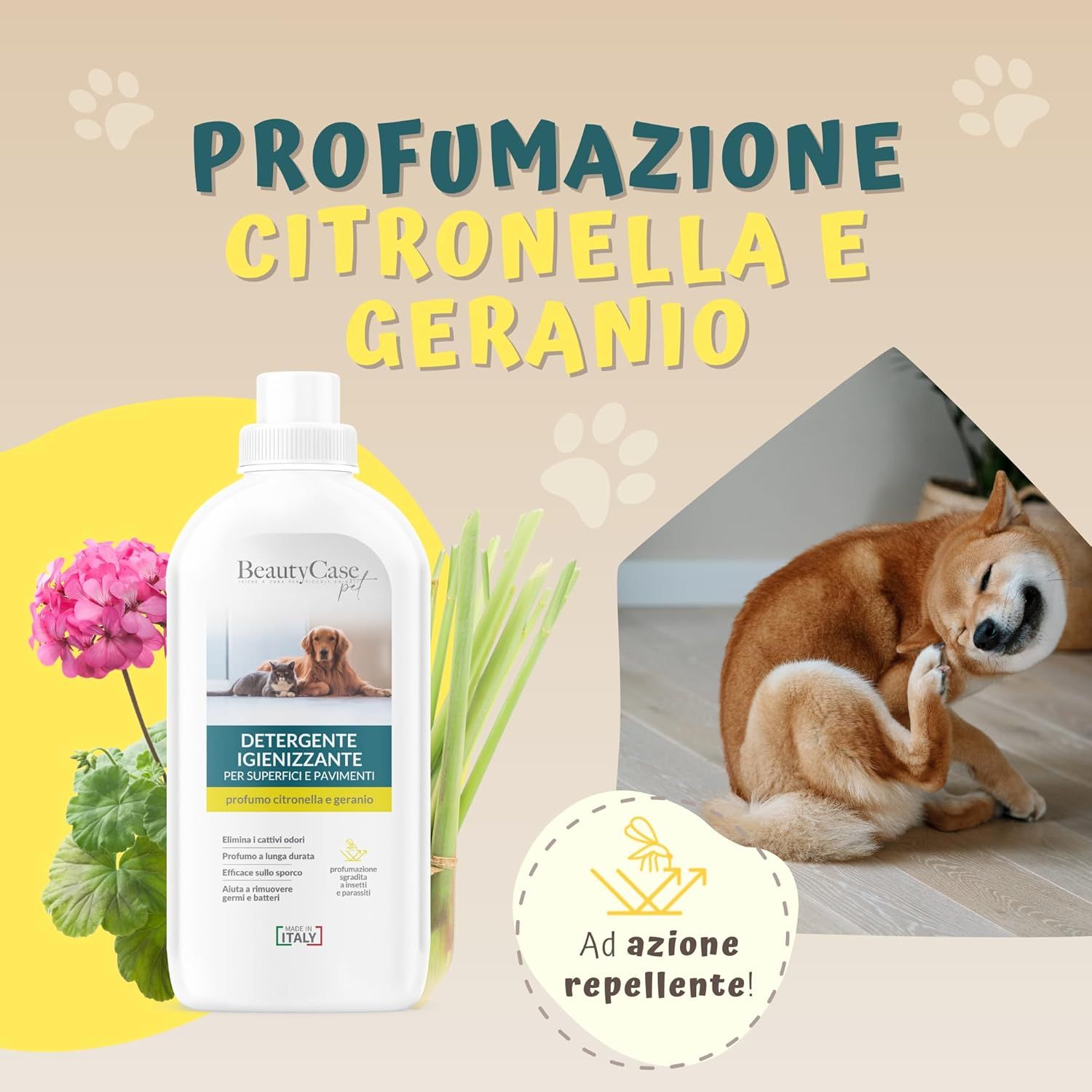 Flacon de détergent avec texte: Profumazione citronella e geranio. Illustration: Chien se gratte. Avec plantes.