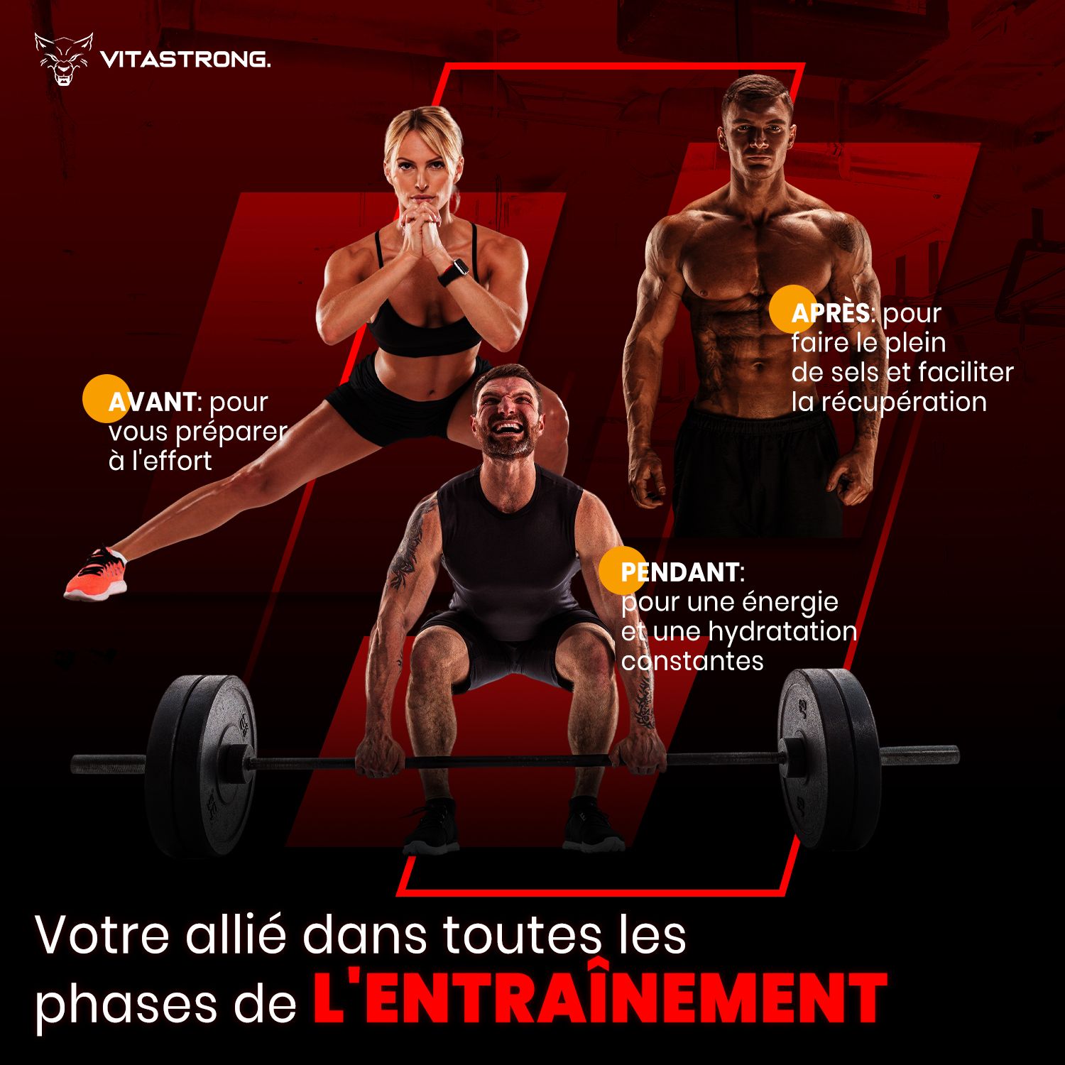 Drie mensen trainen. Tekst: Je bondgenoot in alle trainingsfasen. Voor, tijdens, na. Energie, hydratatie.