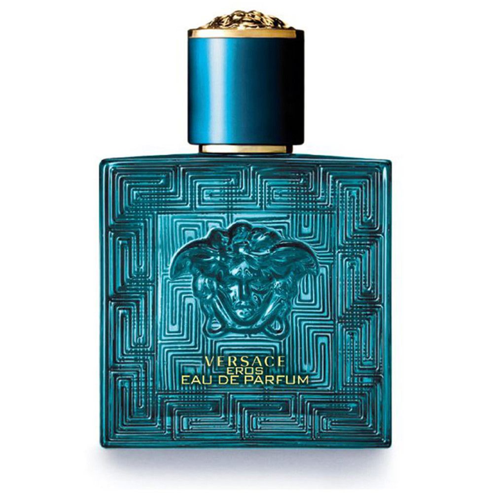 Turquoise fles met gouden dop. Opschrift: Versace Eros Eau de Parfum. Vierkante vorm met patroon.