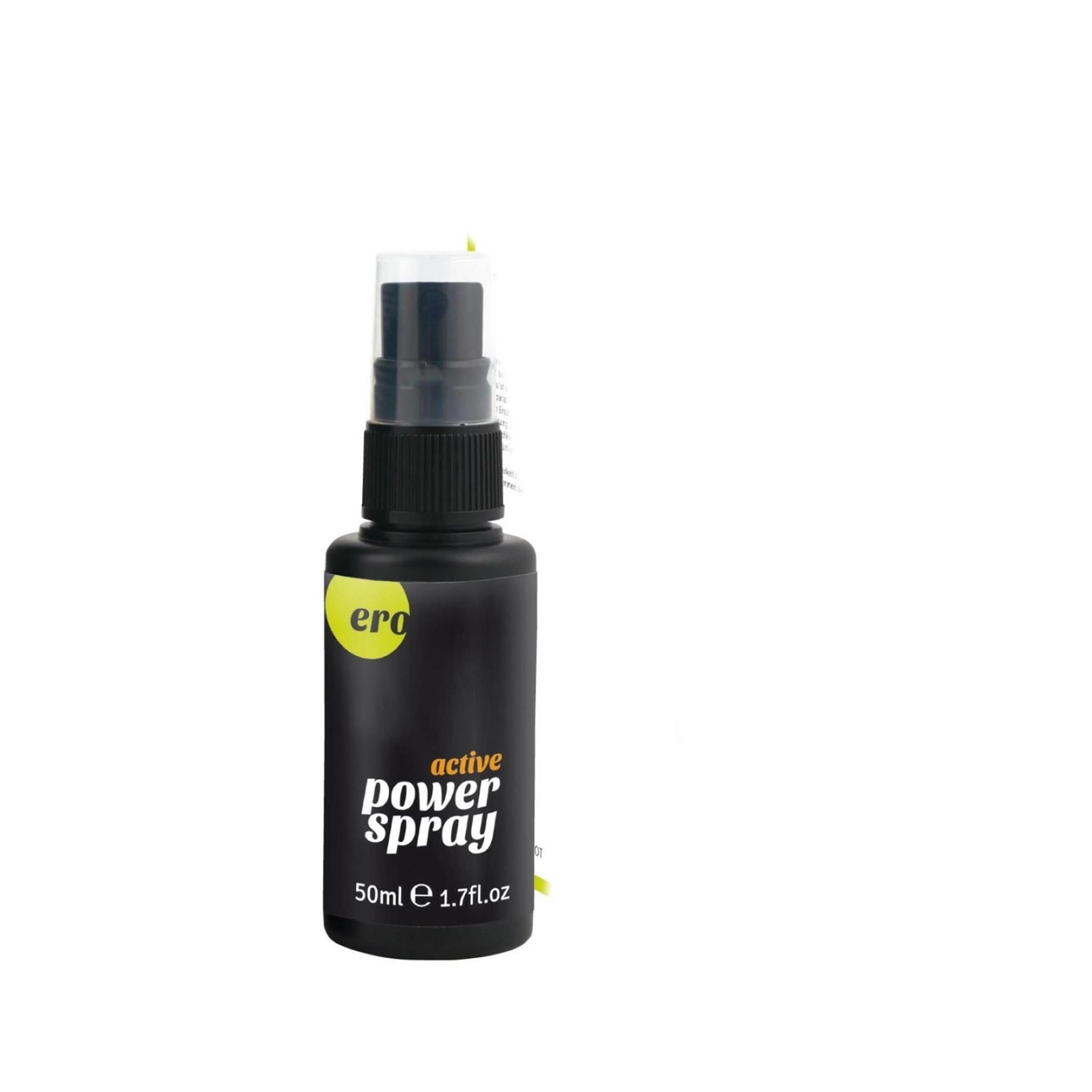 Zwarte sprayfles met zwarte sproeikop. Label met "ero" en "active power spray". 50ml.