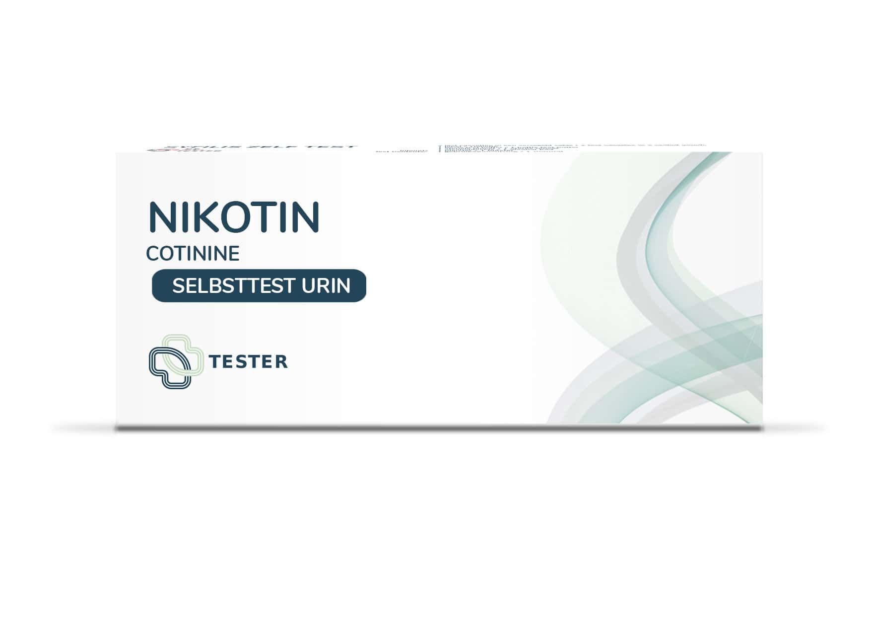 Verpakking voor een nicotine zelftest. Opschrift: Nicotine, Cotinine, Selbsttest Urin, Tester. Wit met blauwe en groene elementen.