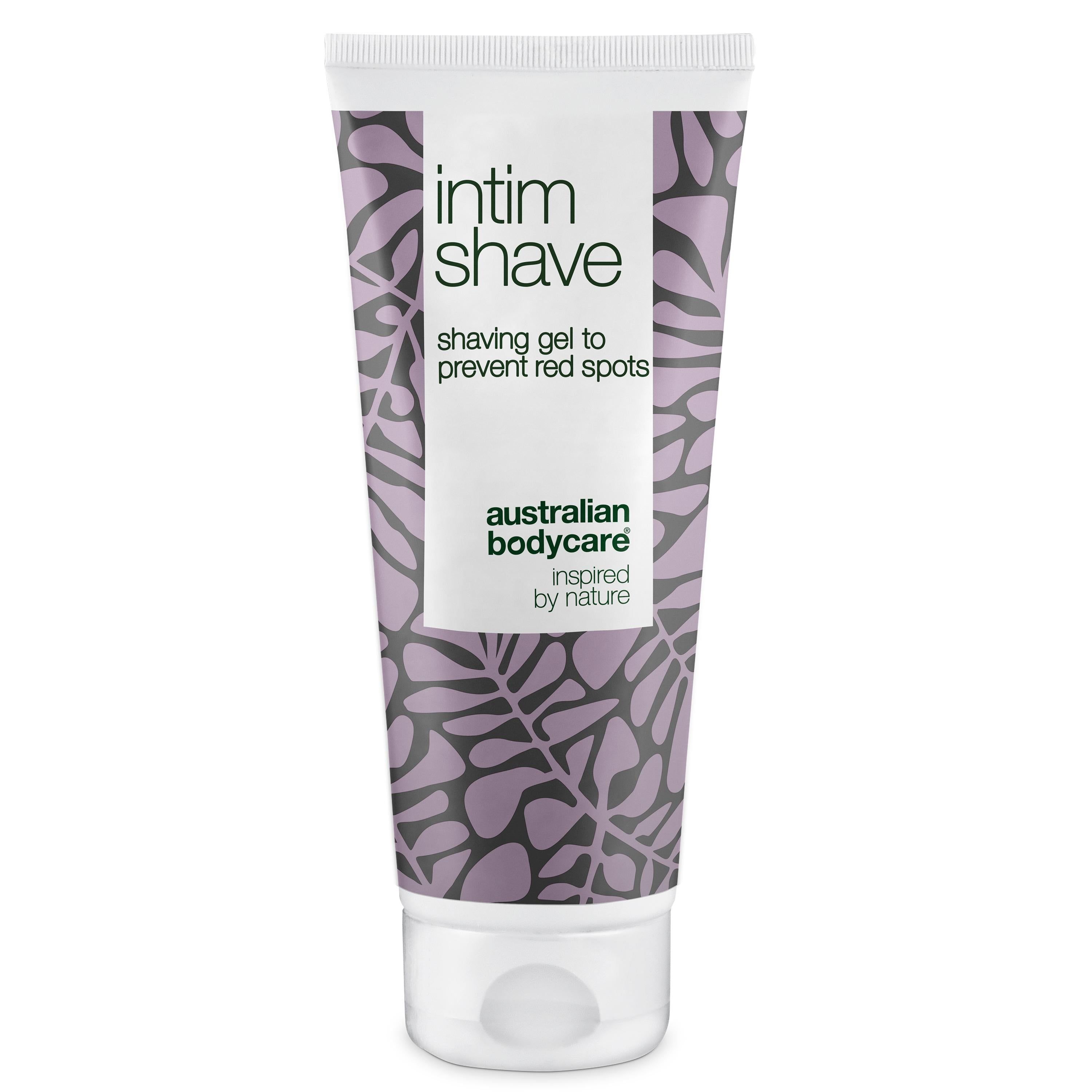 Tube de gel à raser. Inscription : Intim Shave, shaving gel to prevent red spots, Australian Bodycare.