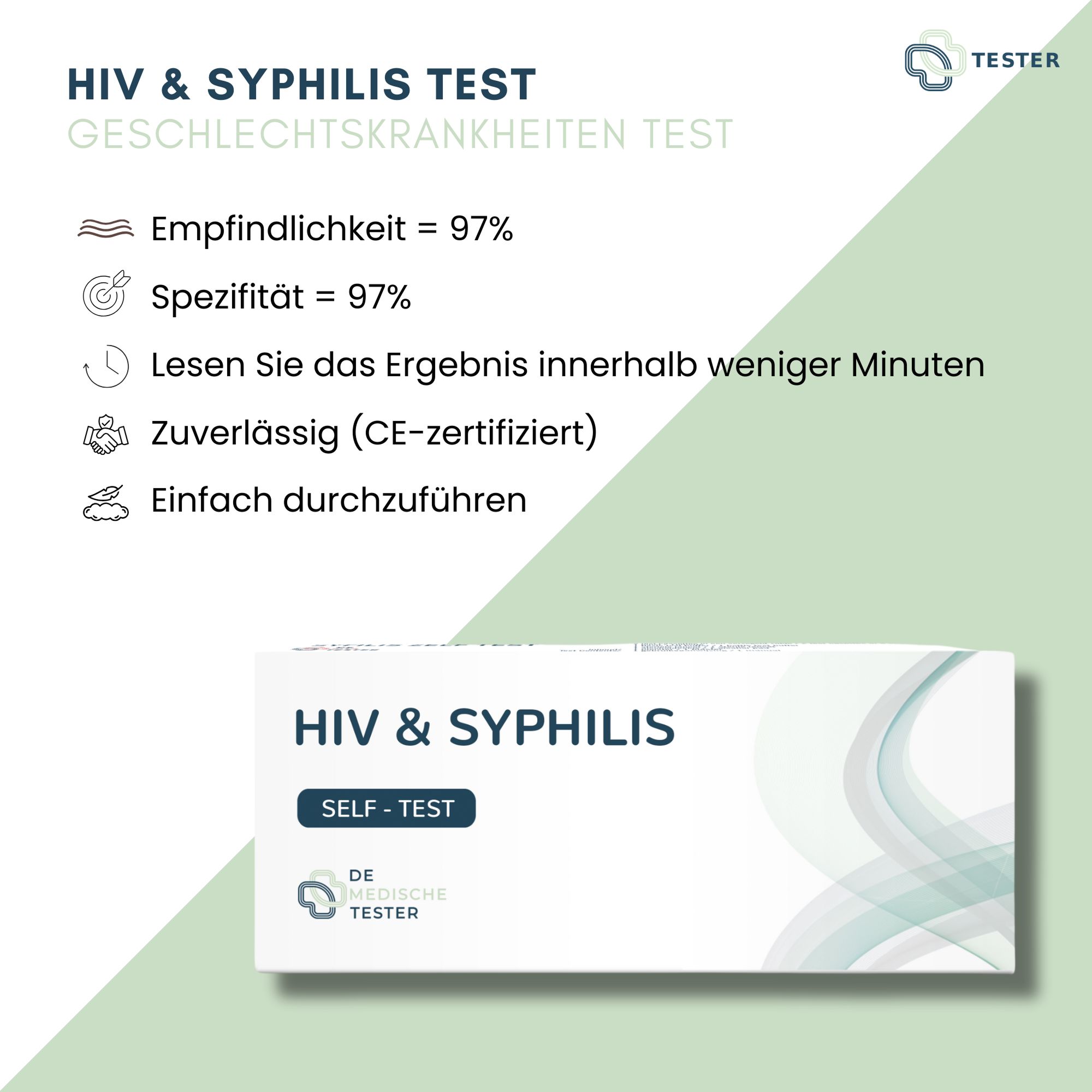 Emballage de test VIH et Syphilis. Boîte blanche avec texte bleu. Texte: Sensibilité 97%, Spécificité 97%, certifié CE. Logo "DE MEDISCHE TESTER".