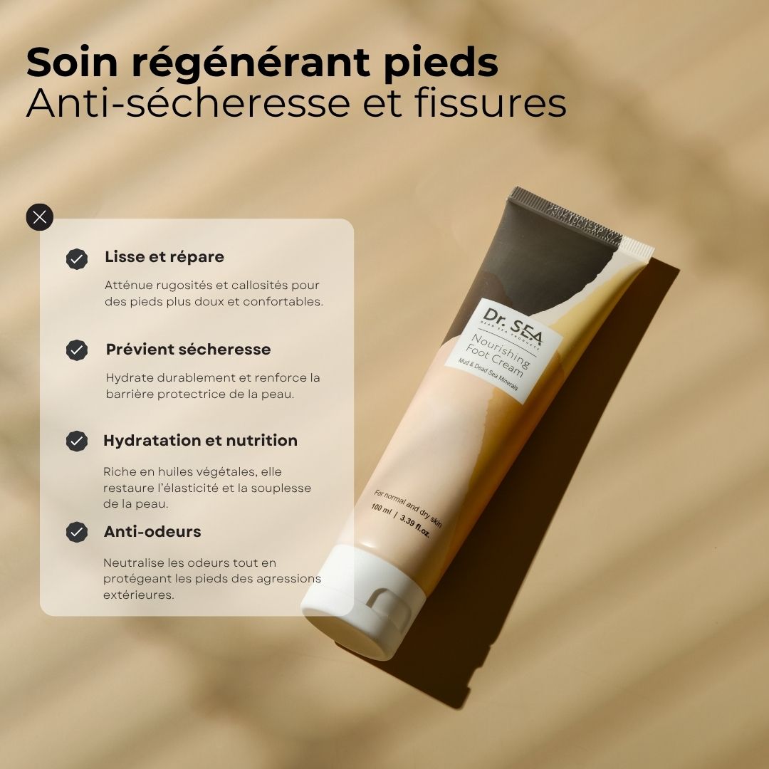 Tube de crème pour les pieds à côté d'une infographie. Texte : « Soin régénérant pieds ». Nom du produit et marque. Texte : « Lisse et répare ».