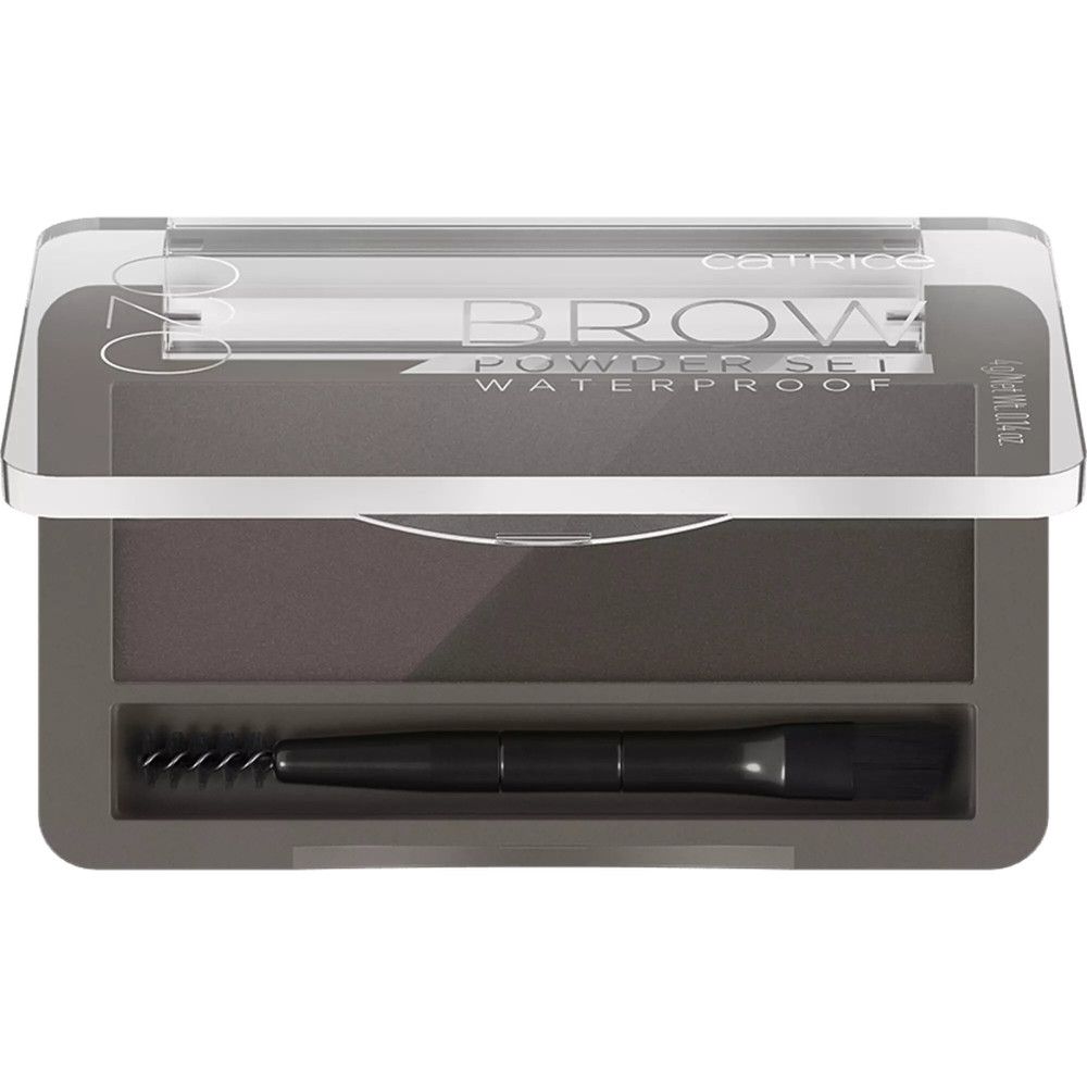 Catrice wenkbrauwpoeder set. Duo poeder in grijze houder met borstel en transparante deksel. Opschrift: BROW POWDER SET WATERPROOF. Kleurcode: 020.