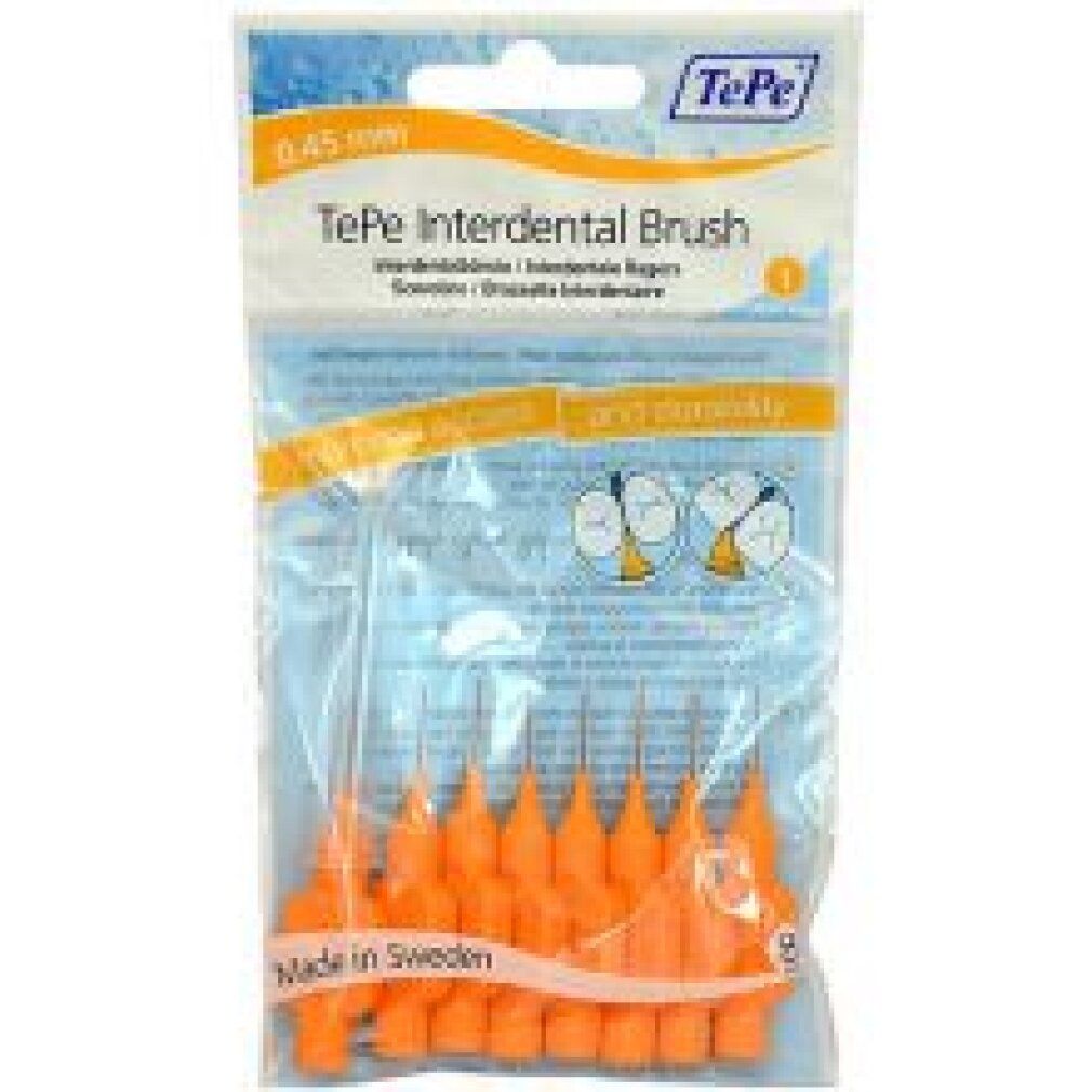 Paquet de brossettes interdentaires oranges TePe, 0,45 mm. Contient 8 pièces. Fabriqué en Suède.