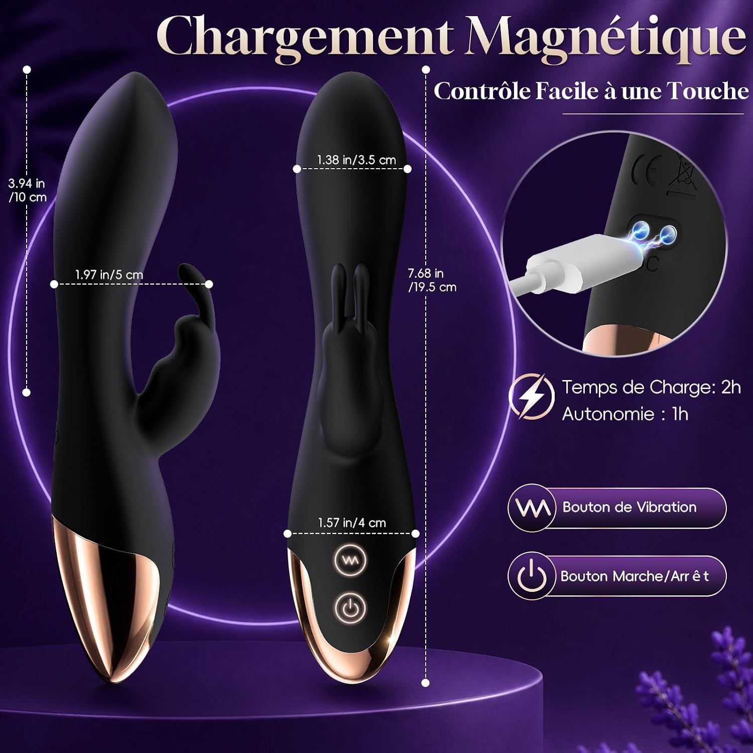 Vibrateur noir avec accents or rose, dimensions : 19,5 cm longueur, 5 cm largeur, 3,5 cm épaisseur. Chargement magnétique.