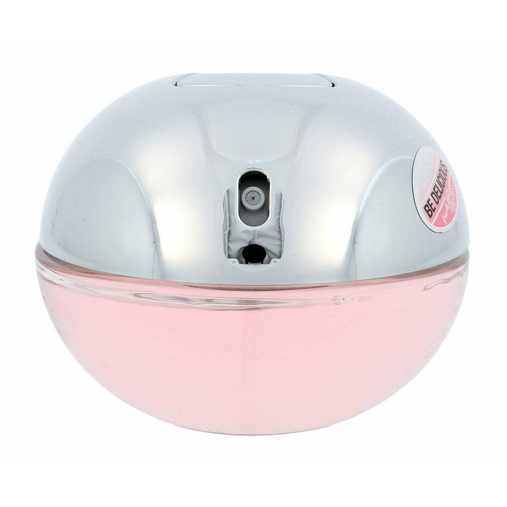 Rond, roze glazen parfumflesje met zilveren spuitdop.