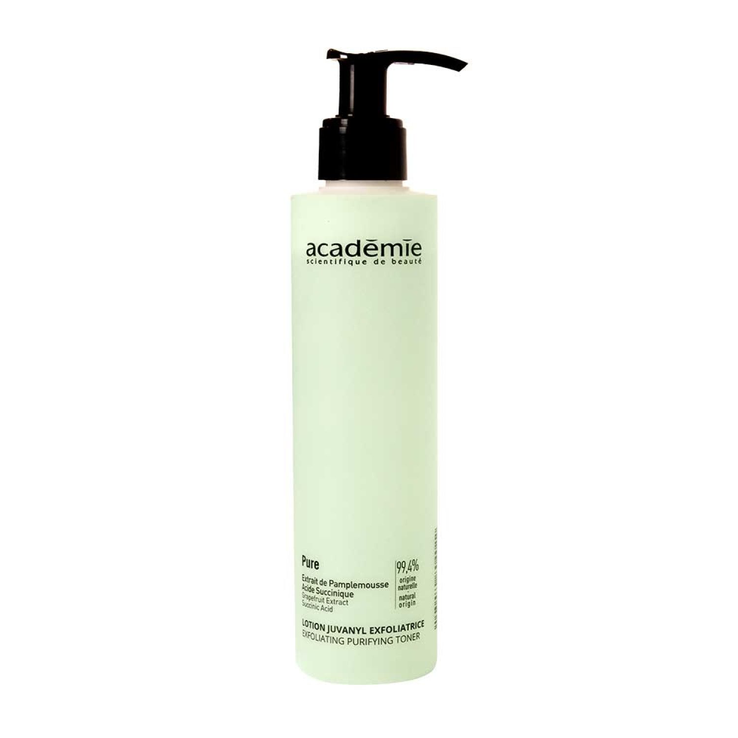 Lichtgroene fles met zwarte pomp. Opschrift: Académie scientifique de beauté, Pure, Lotion Juvanyl Exfoliatrice.