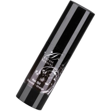 Flacon noir rayé, inscription "Extase Sensuel Hot Oil Chocolat - Orange".