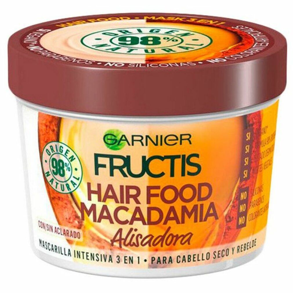 Pot Garnier Fructis Hair Food Macadamia. Couvercle marron, contenant blanc avec étiquette. Texte: Alisadora, 98% naturelle.