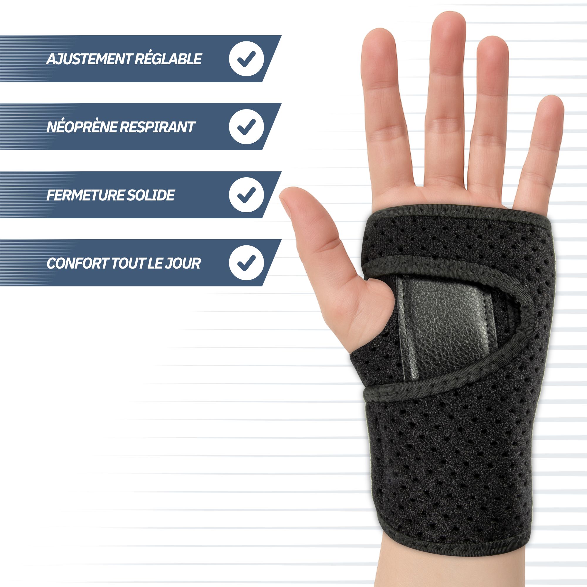 Orthèse de poignet noire en néoprène avec fermeture velcro réglable et ouverture pour le pouce.