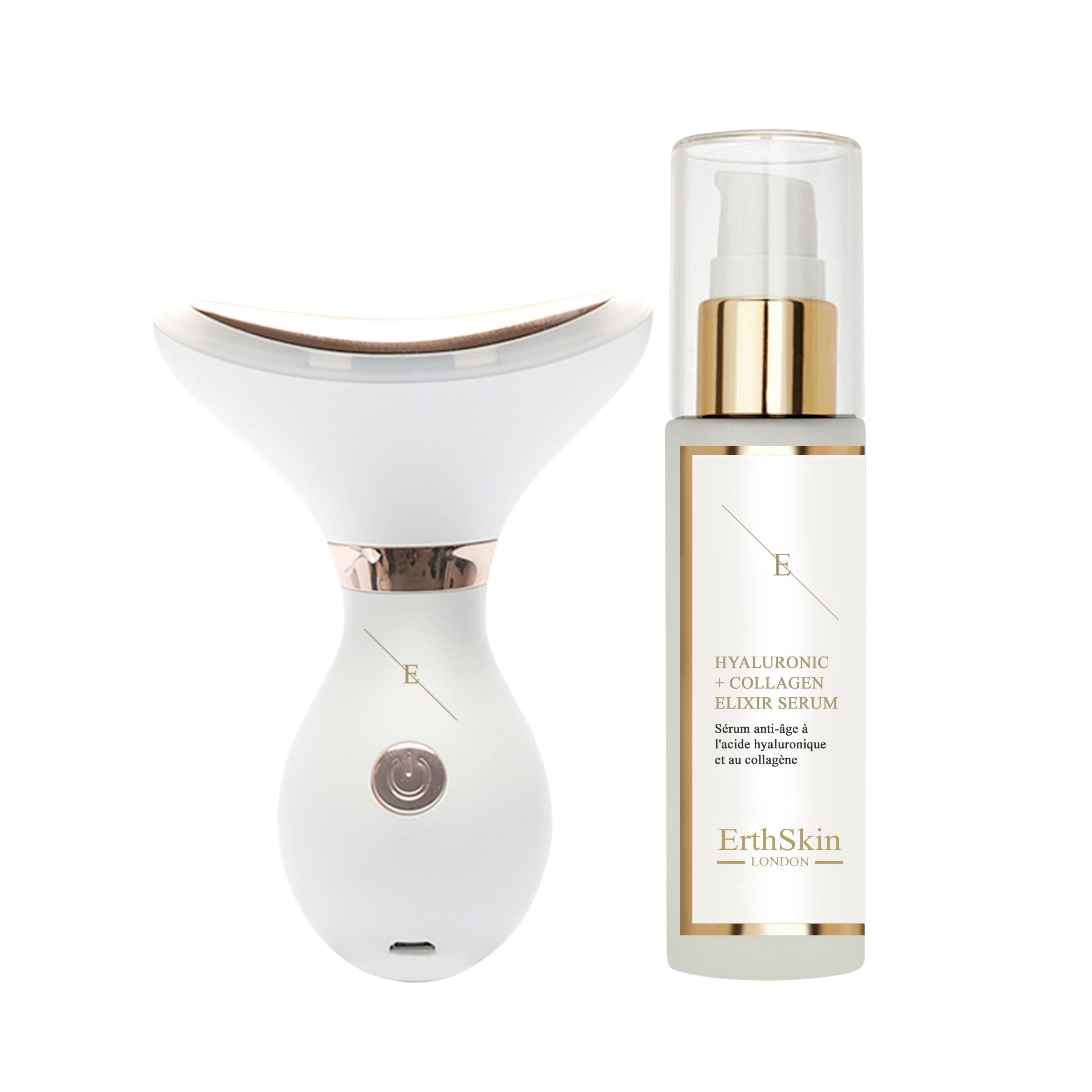 Appareil blanc avec tête incurvée et flacon de sérum. L'appareil a un bouton rond. La bouteille indique Hyaluronic + Collagen Elixir Serum.