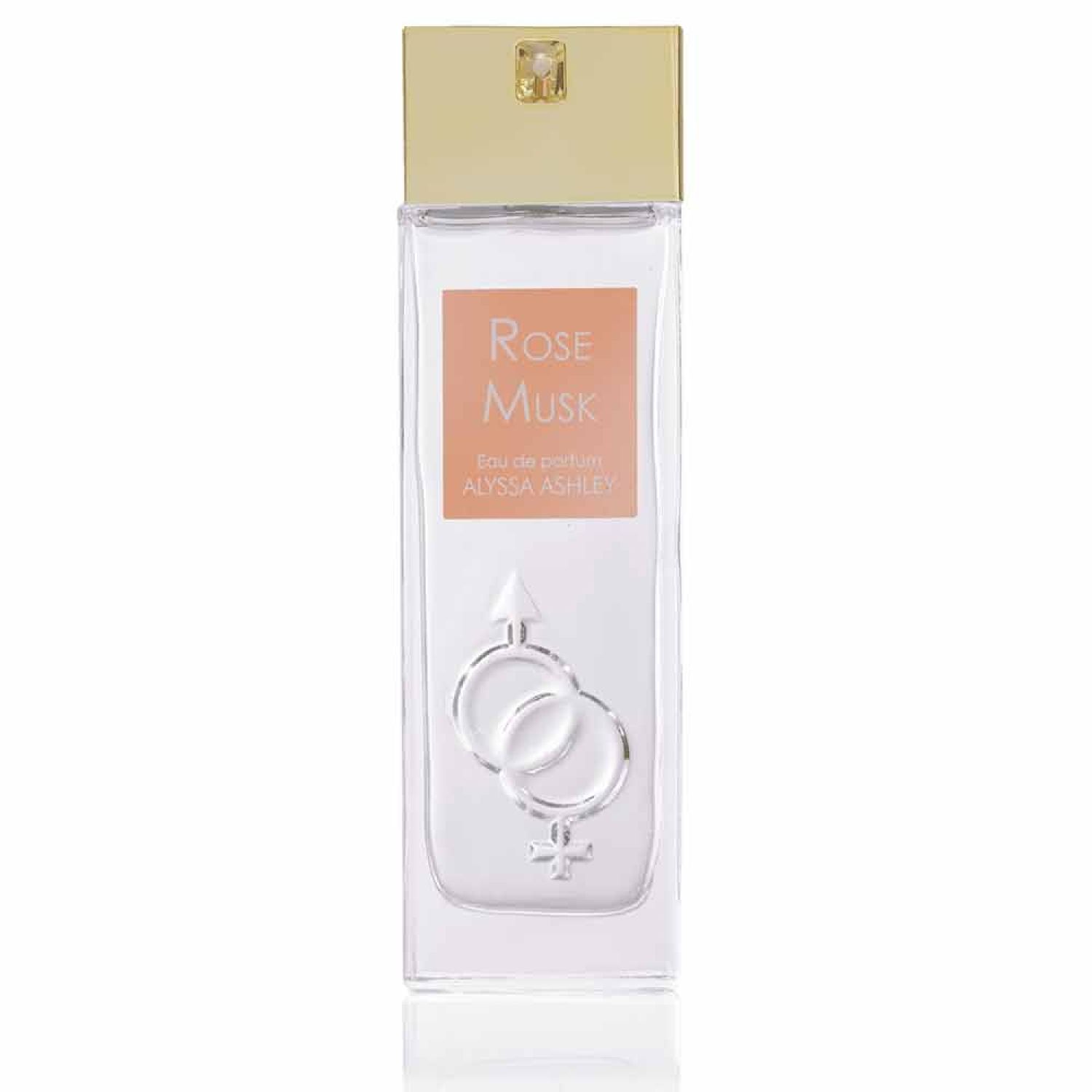 Rechthoekige fles met gouden dop. Label met "Rose Musk" en "Alyssa Ashley". Daaronder, verstrengelde symbolen.