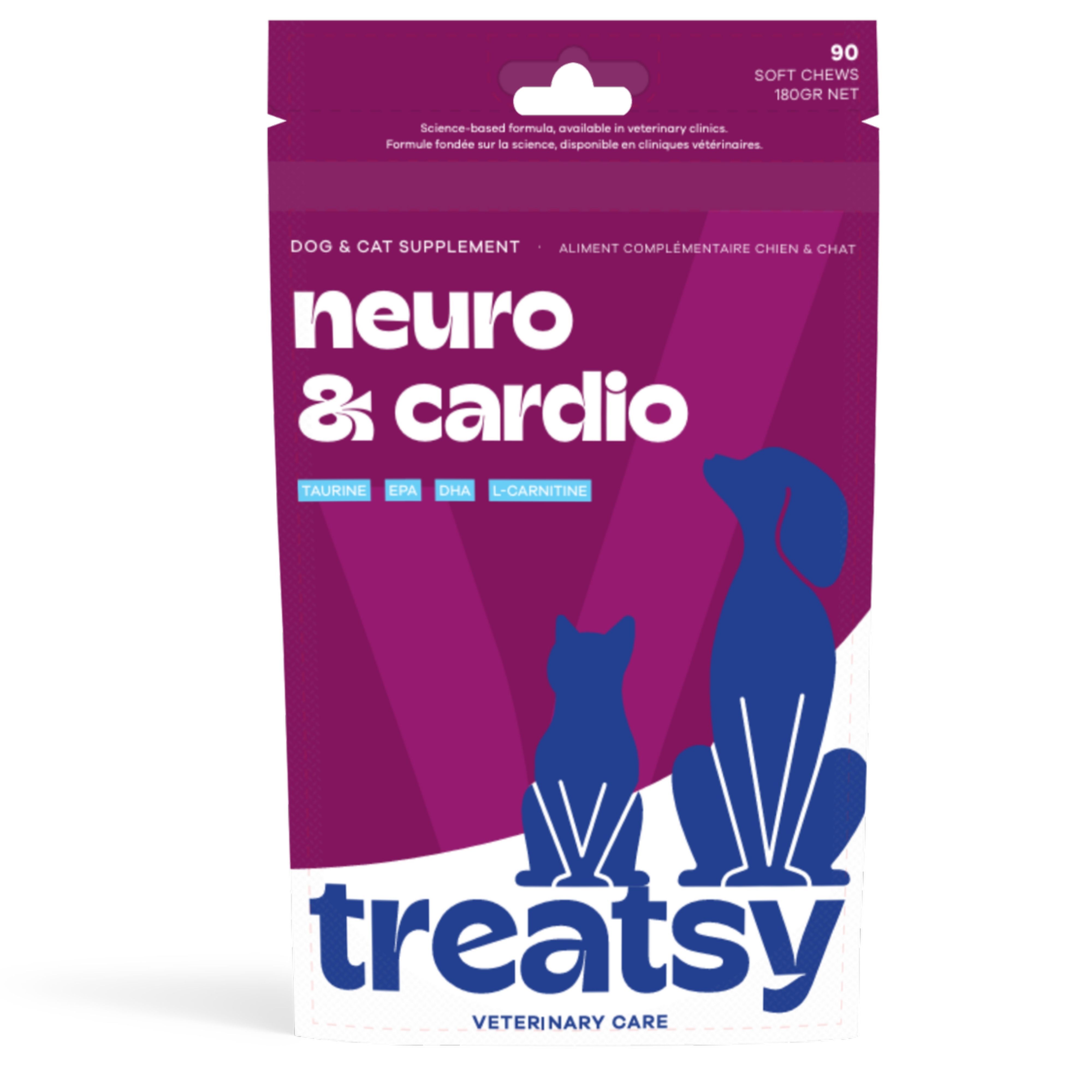 Voedingssupplement voor honden en katten. Verpakking met 90 Soft Chews. Merk Treatsy, tekst: Neuro & Cardio.