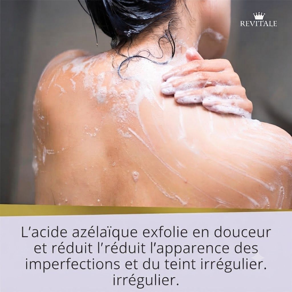 Dos d'une personne se savonnant sous la douche.