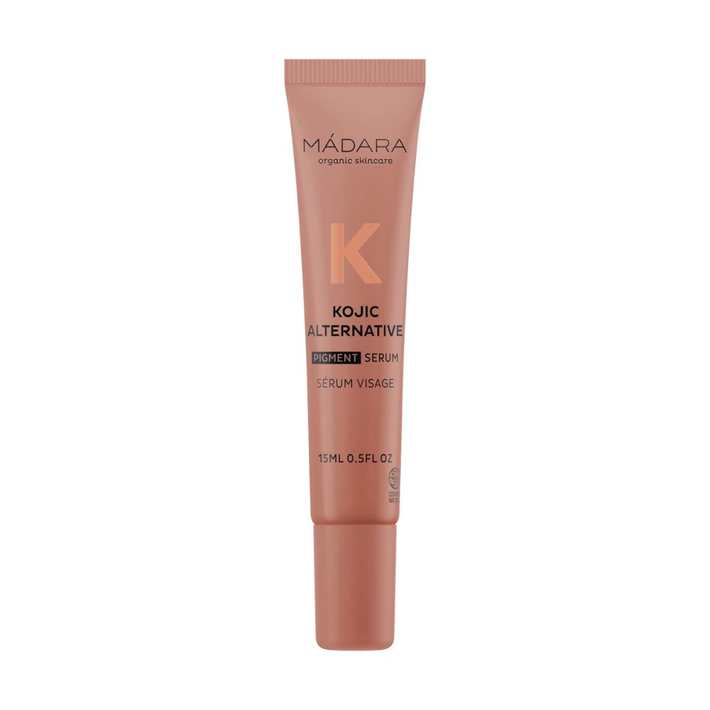Sérum pour la peau en tube. Inscription : MÁDARA, Kojic Alternative Pigment Serum, Serum Visage. 15ml.