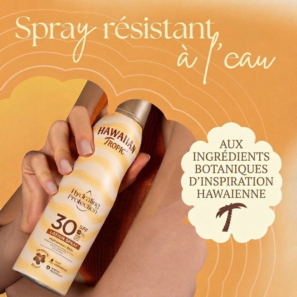 Spray solaire Hawaiian Tropic FPS 30, résistant à l'eau.