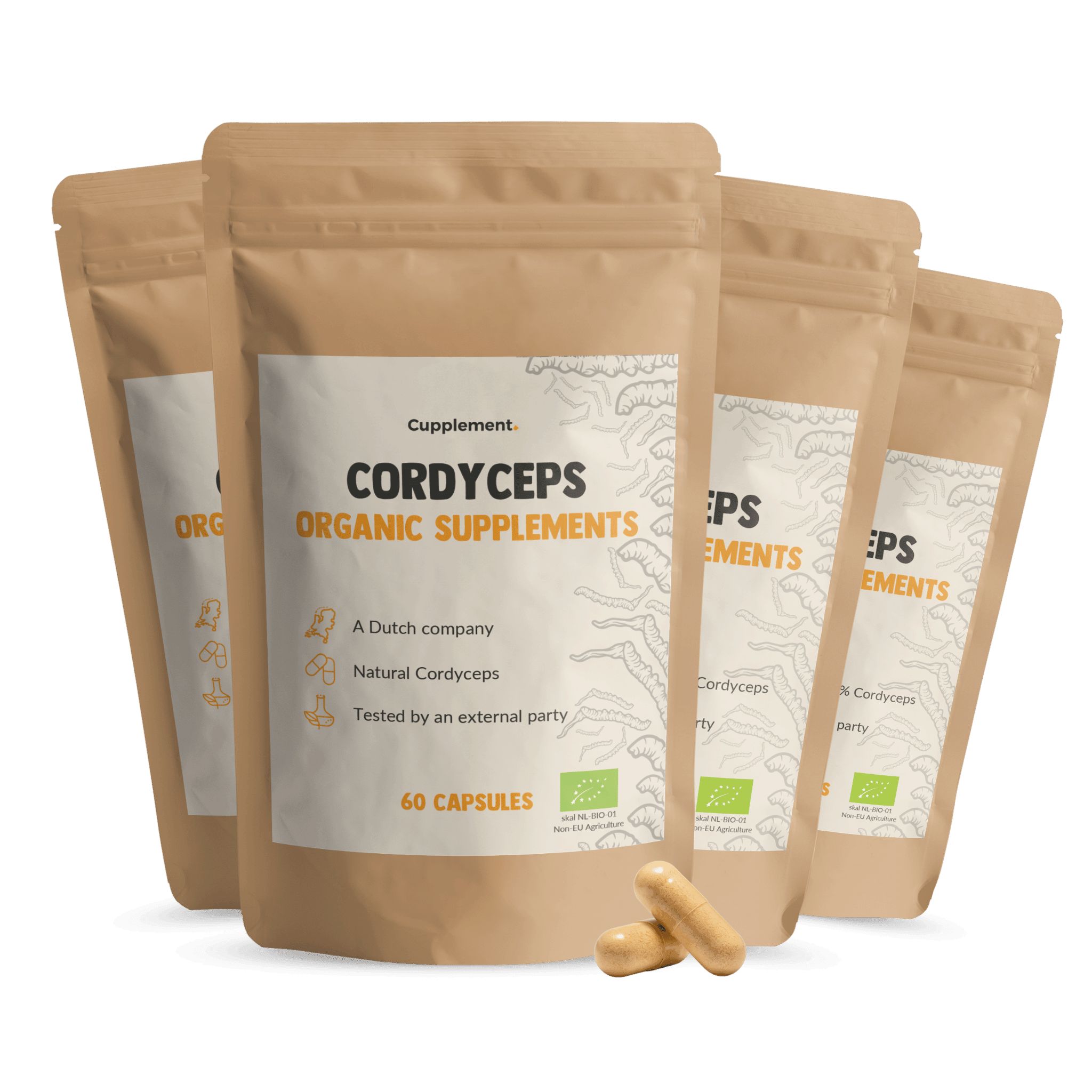 Multipack de gélules de Cordyceps. Sachets bruns avec informations sur le produit. 60 gélules. Label bio.