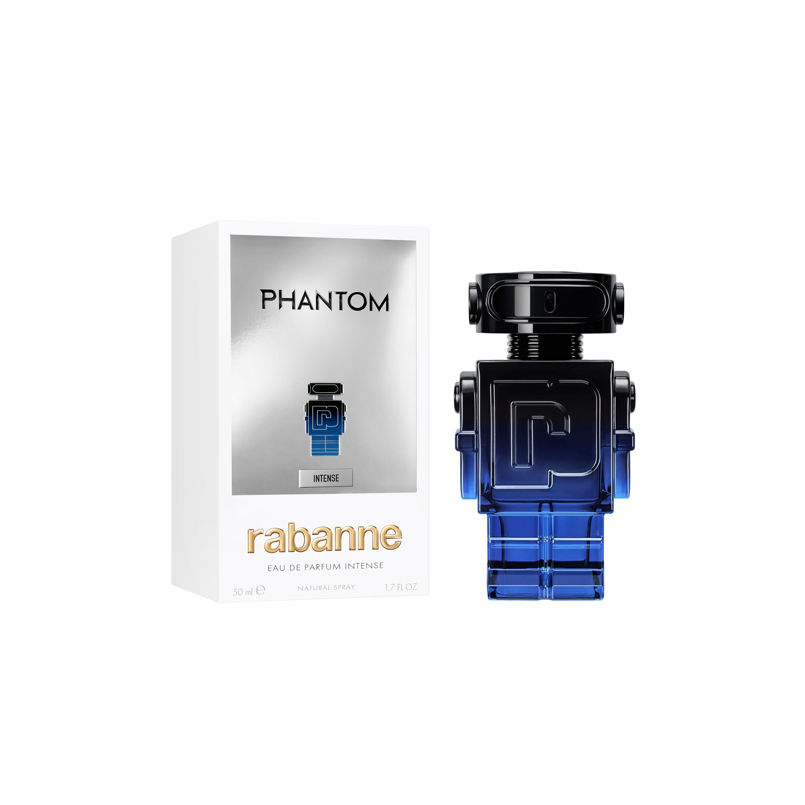 Paco Rabanne Phantom Intense Eau de Parfum Spray. Blauw-zwarte robotvormige flacon. Witte verpakking met productnaam.