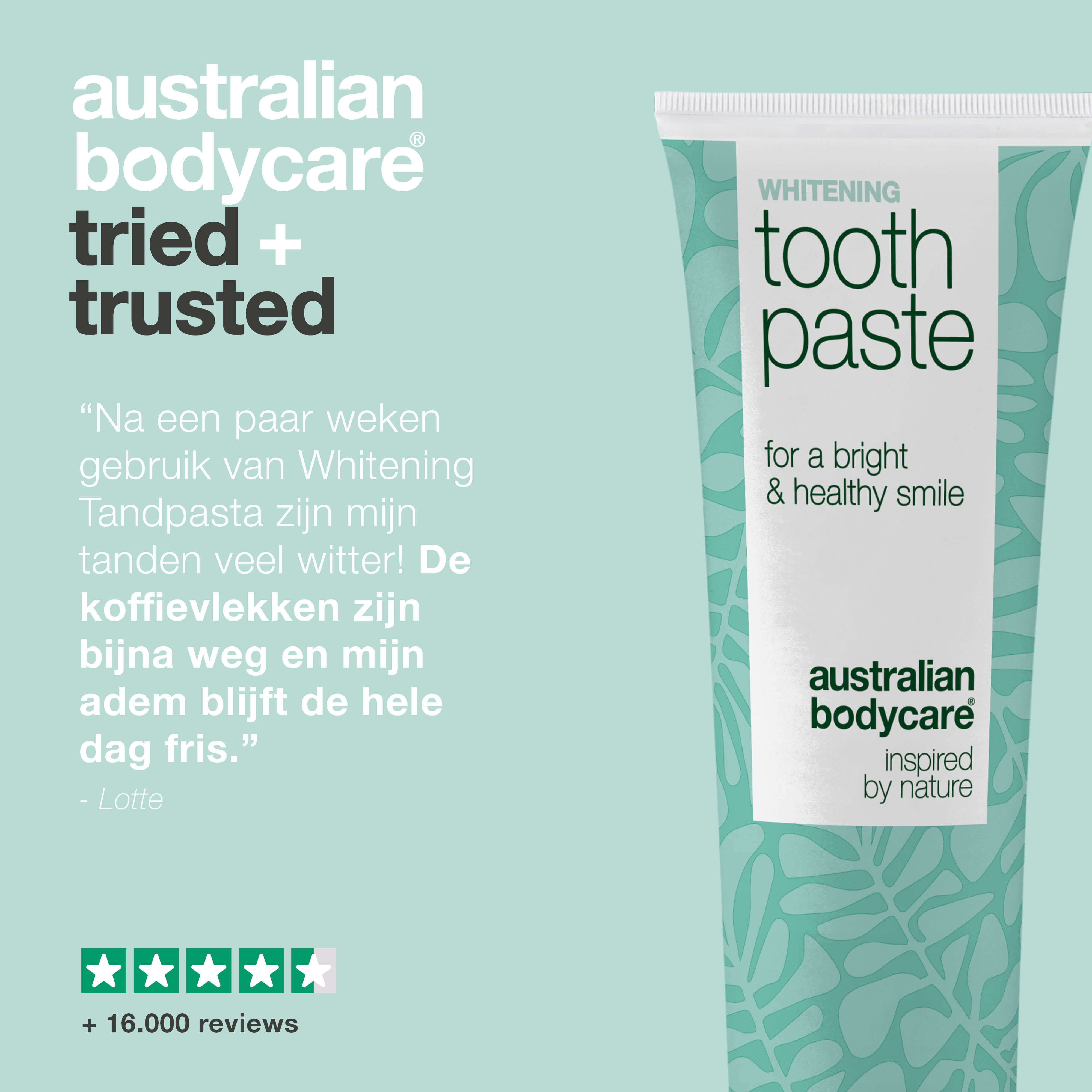 Tandpastatube, tekst: Whitening Toothpaste, Australian Bodycare. Citaten en beoordelingen.