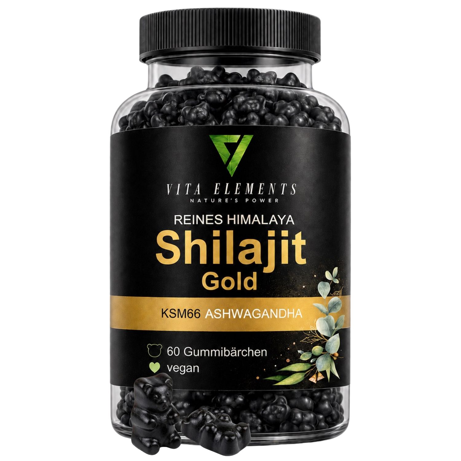 Bouteille de 60 oursons gélifiés Shilajit Gold végétaliens.
