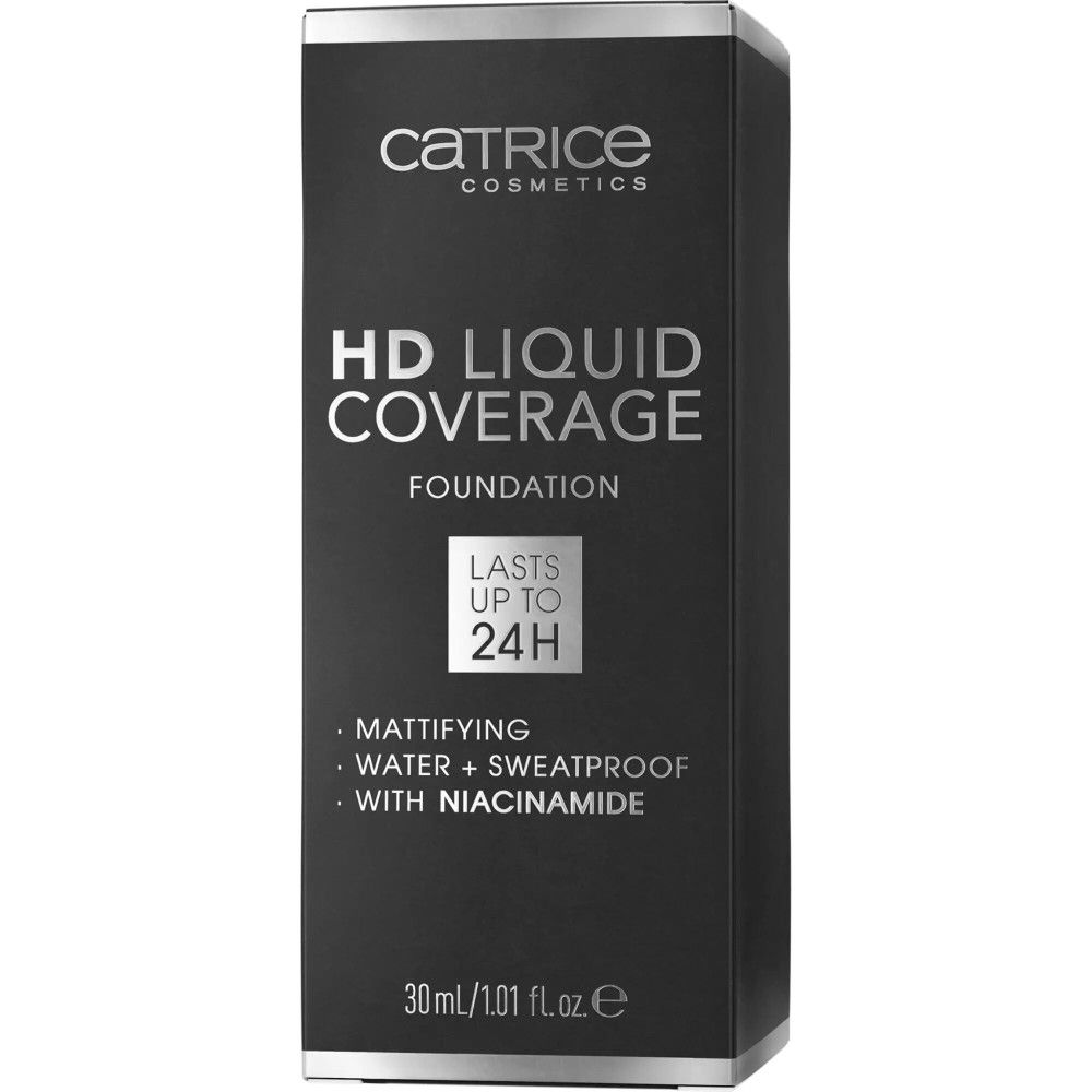 Emballage noir du fond de teint Catrice HD Liquid Coverage. Inscriptions: Catrice, HD Liquid Coverage, matifiant, résistant à l'eau, avec niacinamide.