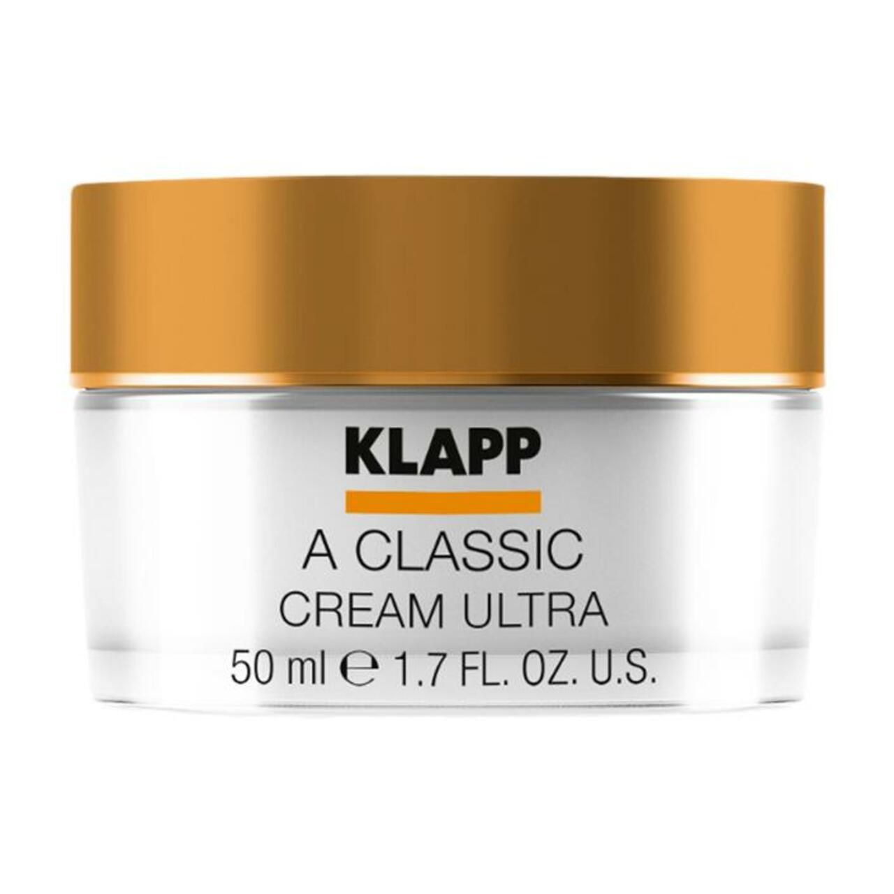Crèmepot met gouden deksel. Opschrift: KLAPP, A Classic CREAM ULTRA, 50 ml.